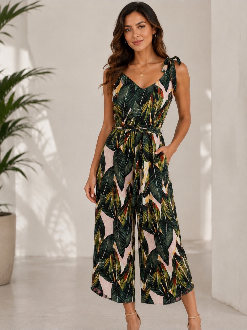 BELONGSCI TROPICAL LEAF PRINT TIE-SHOULDER WIDE LEG CROP RESORT WEAR JUMPSUIT S